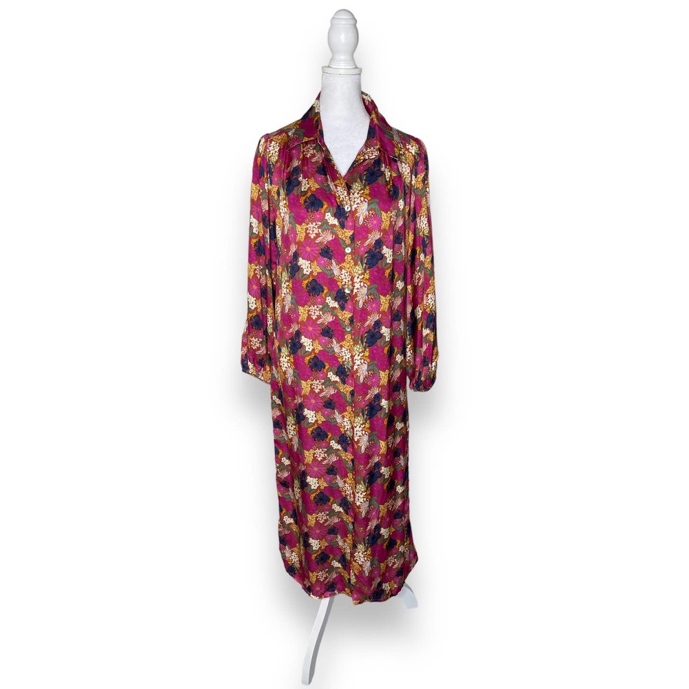 FRNCH Women's Pink Floral Pattern Satin Midi Long Sleeve Shirt Dress size Small